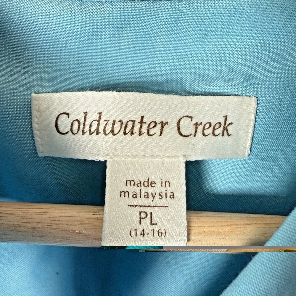 Coldwater Creek Shirt Top Women Petite L Collared Button Up Blue‎ Short Sleeve